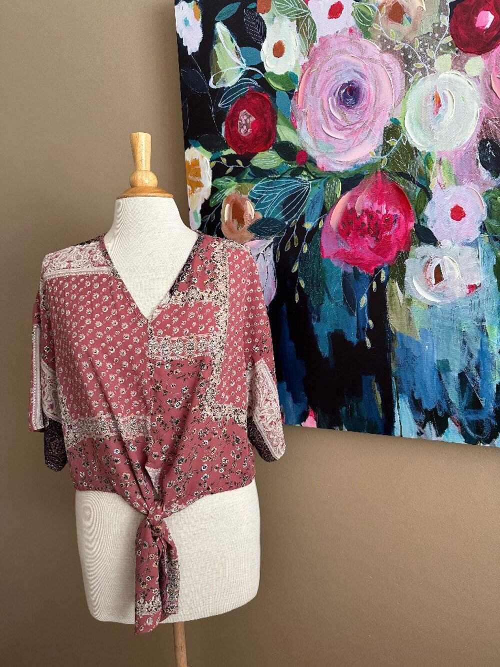 Free People Style Boho Patchwork Tie Front Top S Blush Floral Anthro Vibe